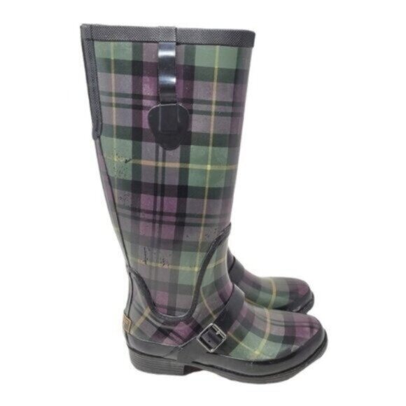 L.L. Bean | Womens Wellies Rain Boots Plaid Purple Green - Picture 6 of 14